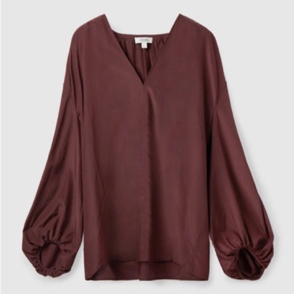 COS Burgundy Red V-Neck Silk Blouse, Size 2